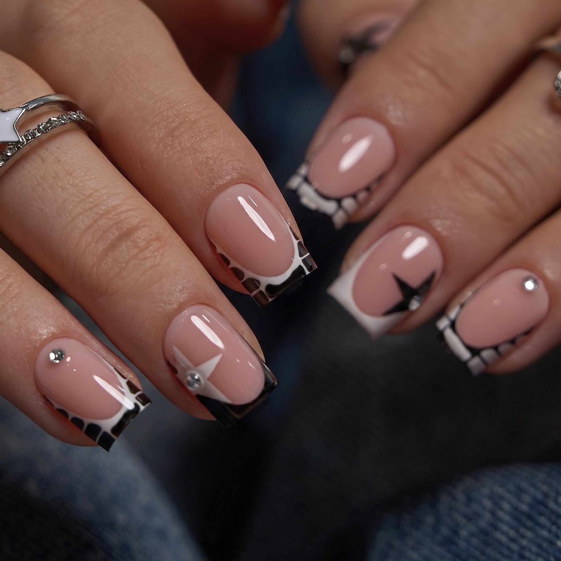 Geometric French Tips with Rhinestones — Short Square Nails