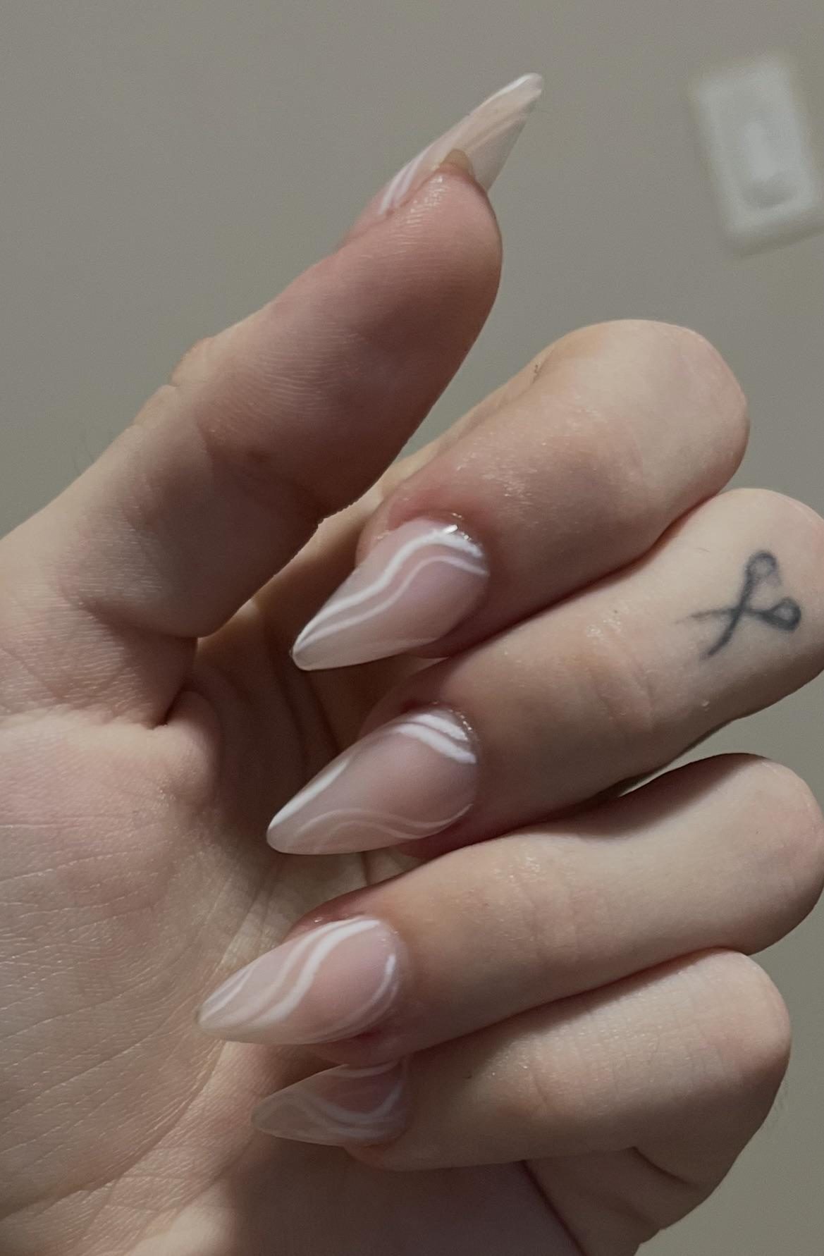 Sheer White Wavy Line Stiletto Polygel — Polygel Nails