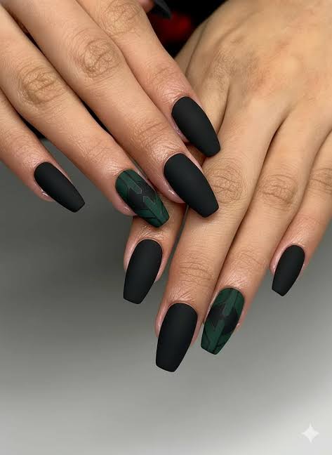 Dark Green Leaf Motif On Two Nails Visual Idea — Matte Nails