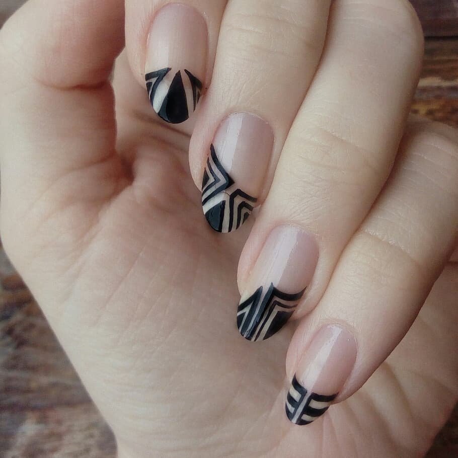 Short Almond Black Geometric Short Almond Black Geometric — Negative Space Nails