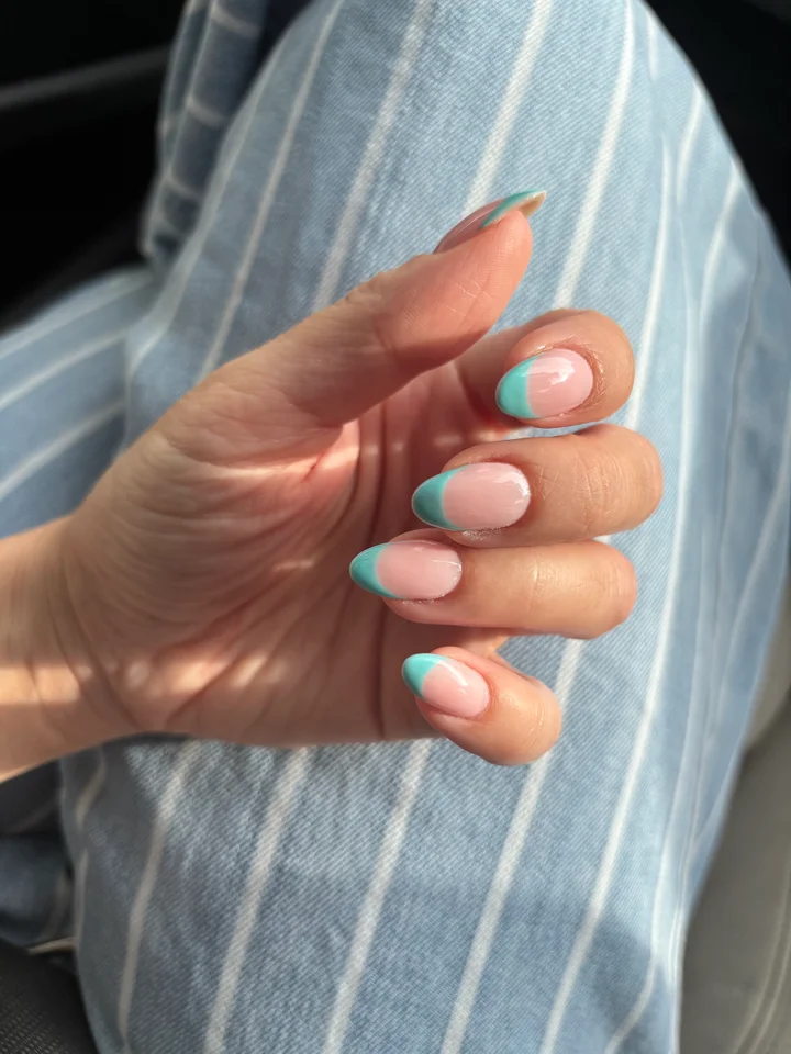 Natural Base Teal French Tip Nails — Teal Nails