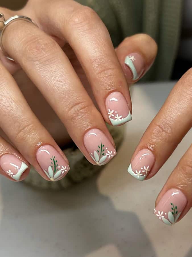 Glossy Pink French With Botanical Art — Wedding Guest Nails