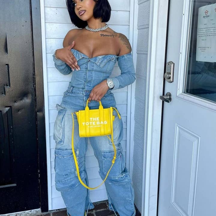 Off-the-Shoulder Denim Jumpsuit with Cargo Details Off-the-Shoulder Denim Jumpsuit with Cargo Details — Baddie Outfits