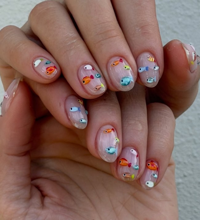 Tiny Fishy Friends on Oval Nails Tiny Fishy Friends on Oval Nails — Cute Nails