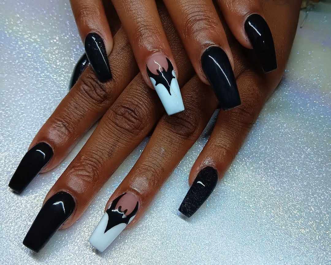 Black and White Bat Graphic Coffin Nails
