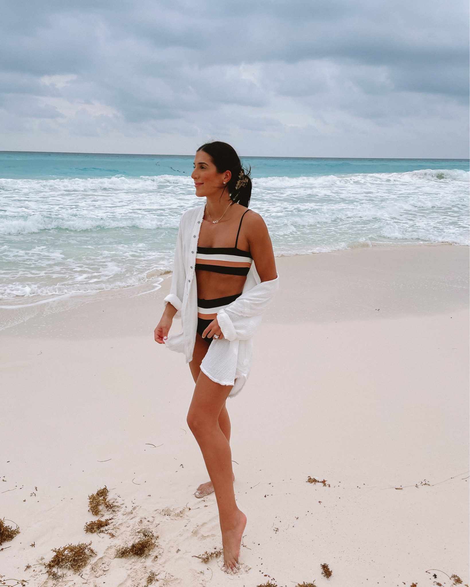 Striped Bikini with Oversized Linen Shirt for Beach Relaxation — Hawaii Outfits