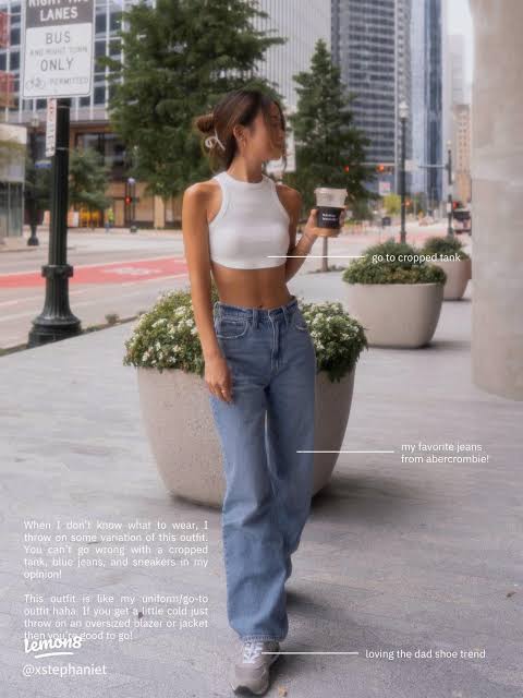 White Cropped Tank Top with Blue Jeans and Grey Sneakers — Comfy Outfits