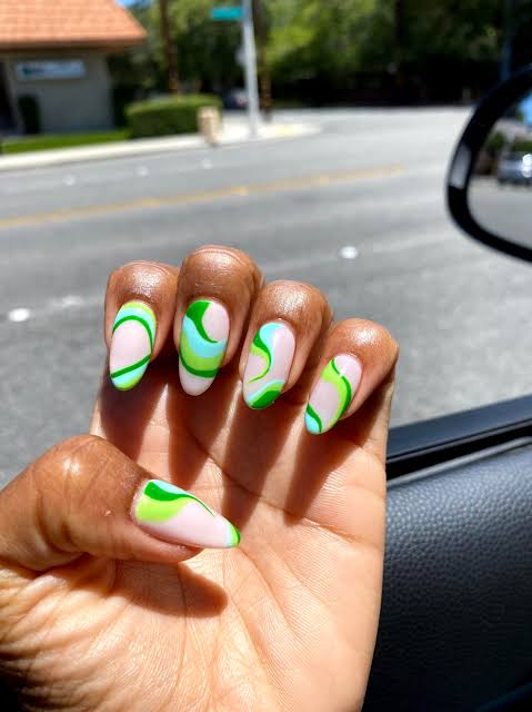 Swirling Abstract Green Blue Oval Nails — Gel X Nails