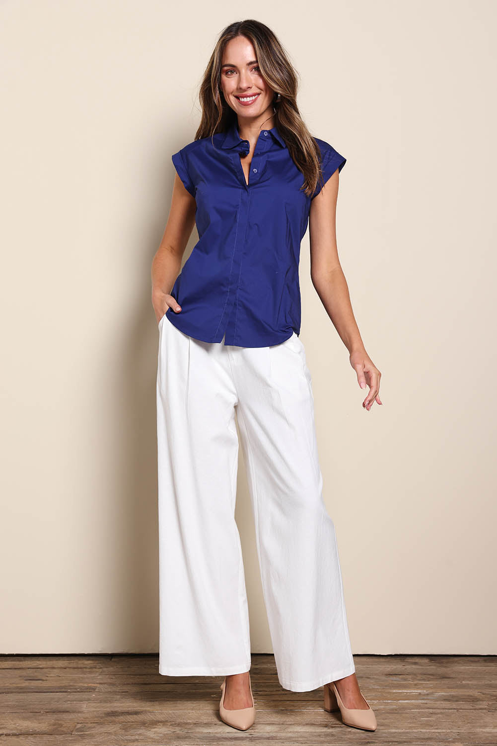 Vibrant Royal Blue Blouse with Crisp White Trousers Vibrant Royal Blue Blouse with Crisp White Trousers — Blue Outfits
