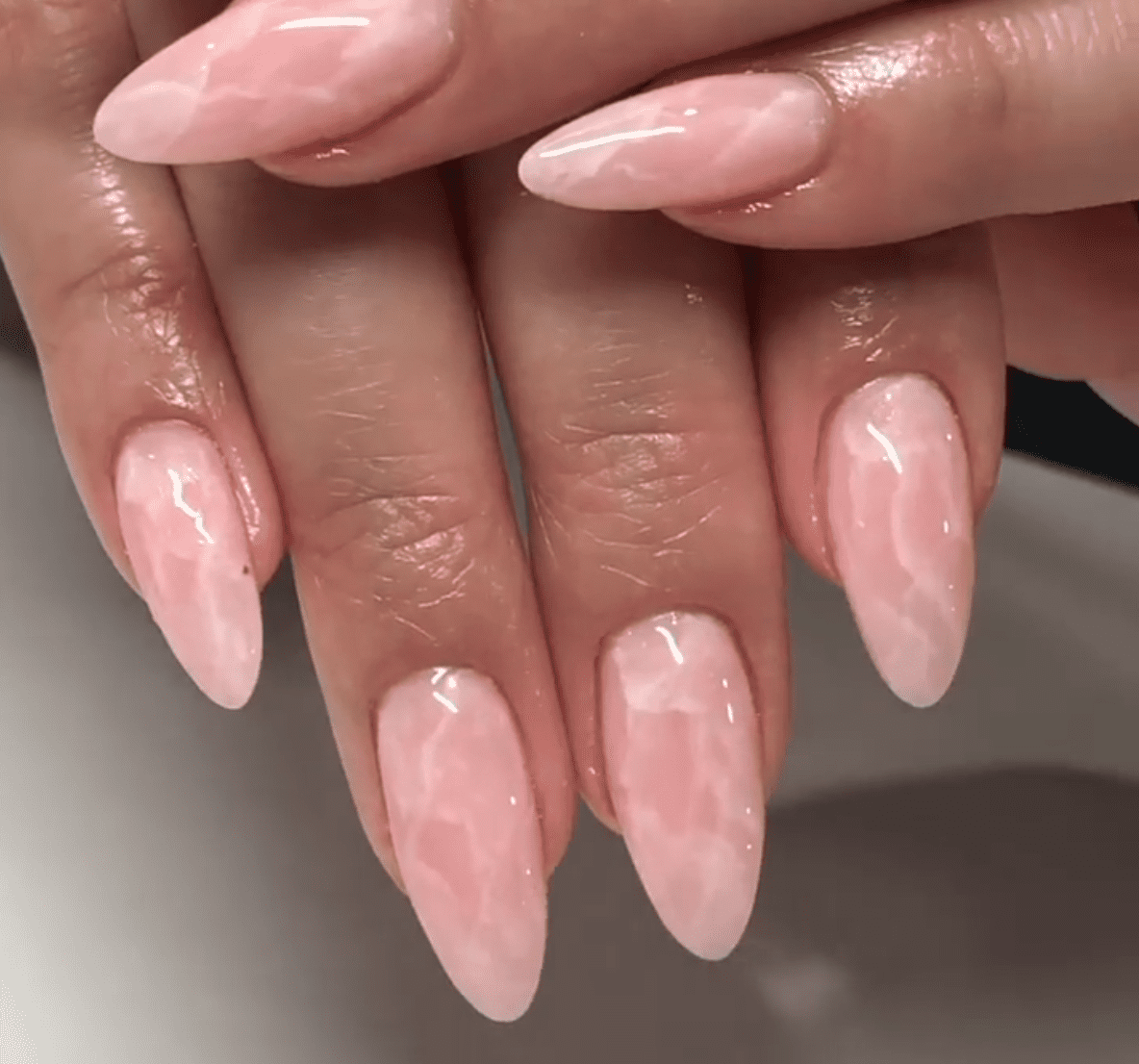 Glossy Marbled Pale Pink Medium Stiletto — Bubble Bath Nails