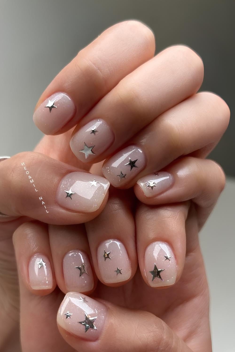 Milky White Silver Star Decal Nails Milky White Silver Star Decal Nails — Star Nails