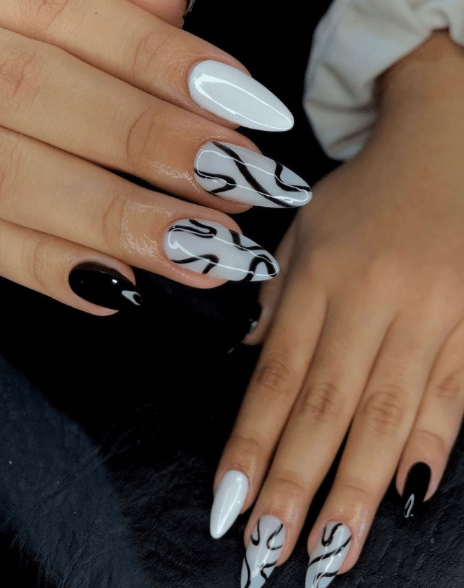 Long Pointed Swirl Nails Long Pointed Swirl Nails — Black and White Nails