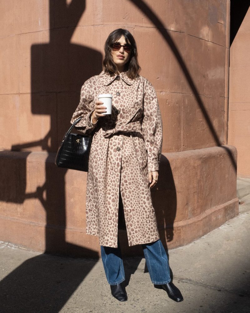Statement Outerwear: Leopard Print Trench Coat with Denim — French Girl Outfits