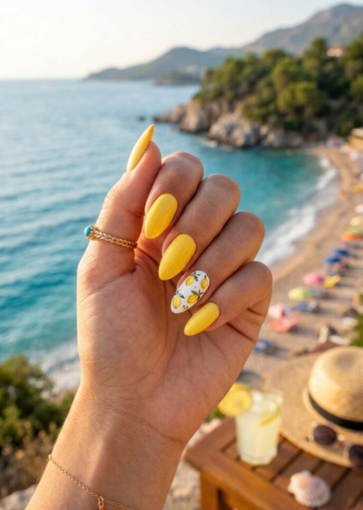 Vibrant Yellow with Lemon Print Accent — Yellow Nails