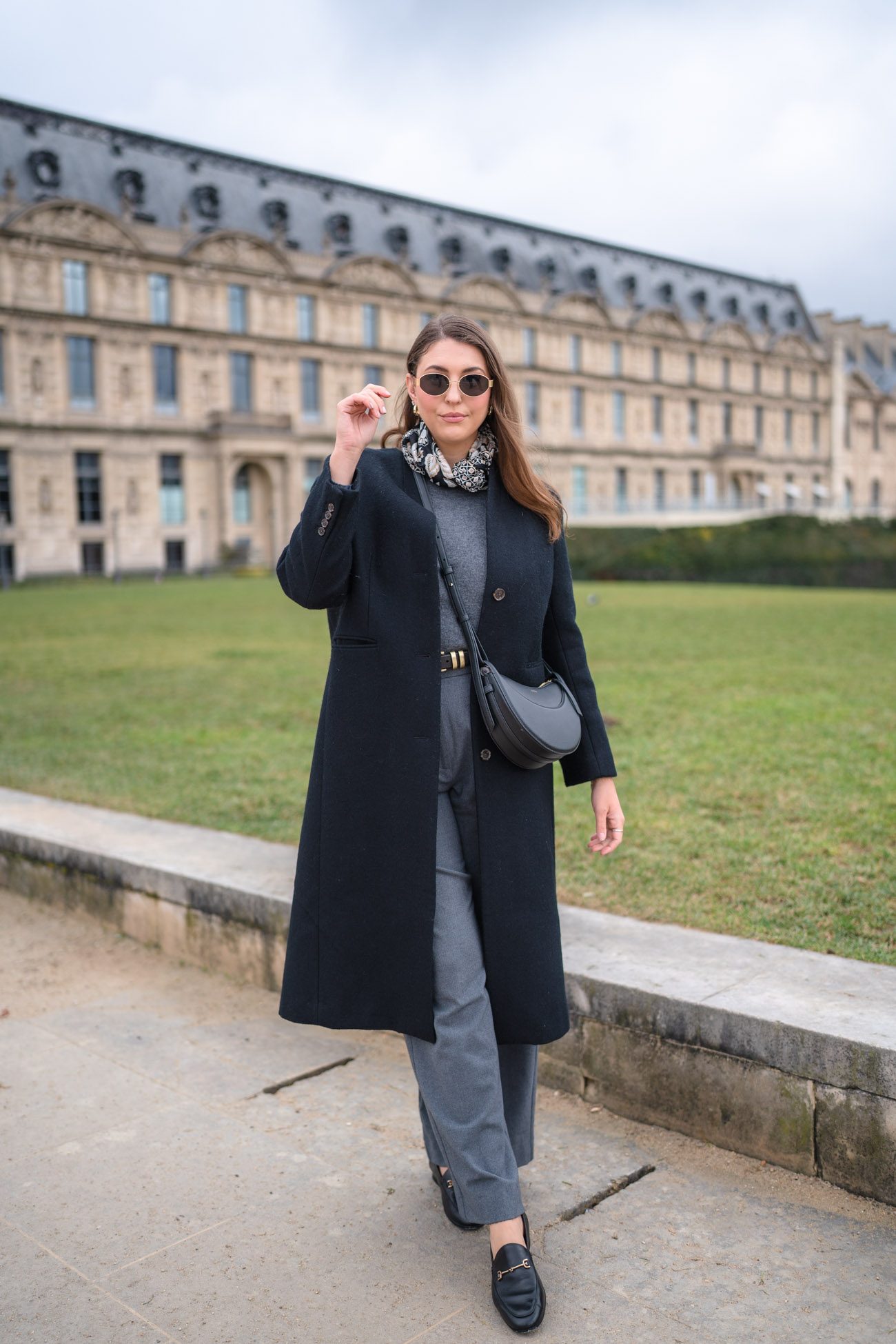 Grey Turtleneck with Black Wool Coat and Patterned Scarf Grey Turtleneck with Black Wool Coat and Patterned Scarf — Paris Outfits
