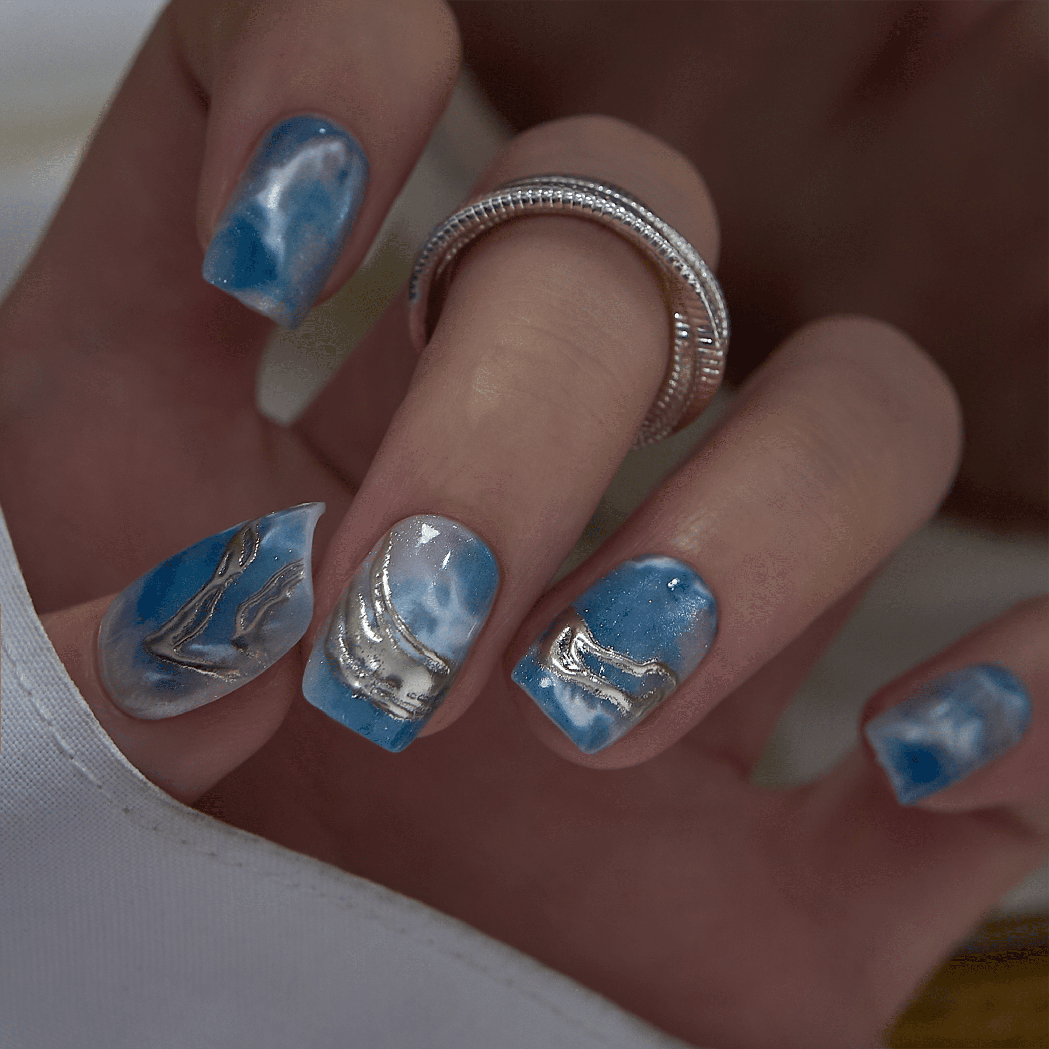 Blue and White Abstract Wave Foil Nails Blue and White Abstract Wave Foil Nails — Ocean Nails