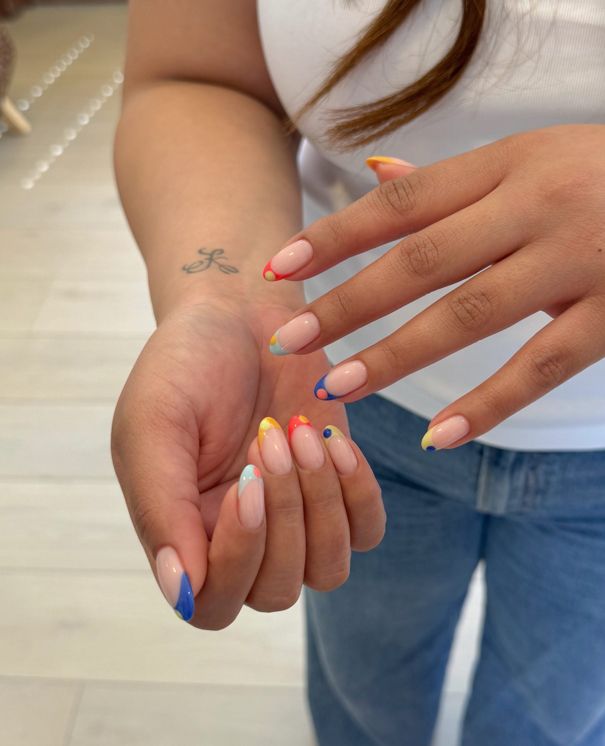 Pink Base with Multi-Color Line Outline Pink Base with Multi-Color Line Outline — Colored French Tip Nails