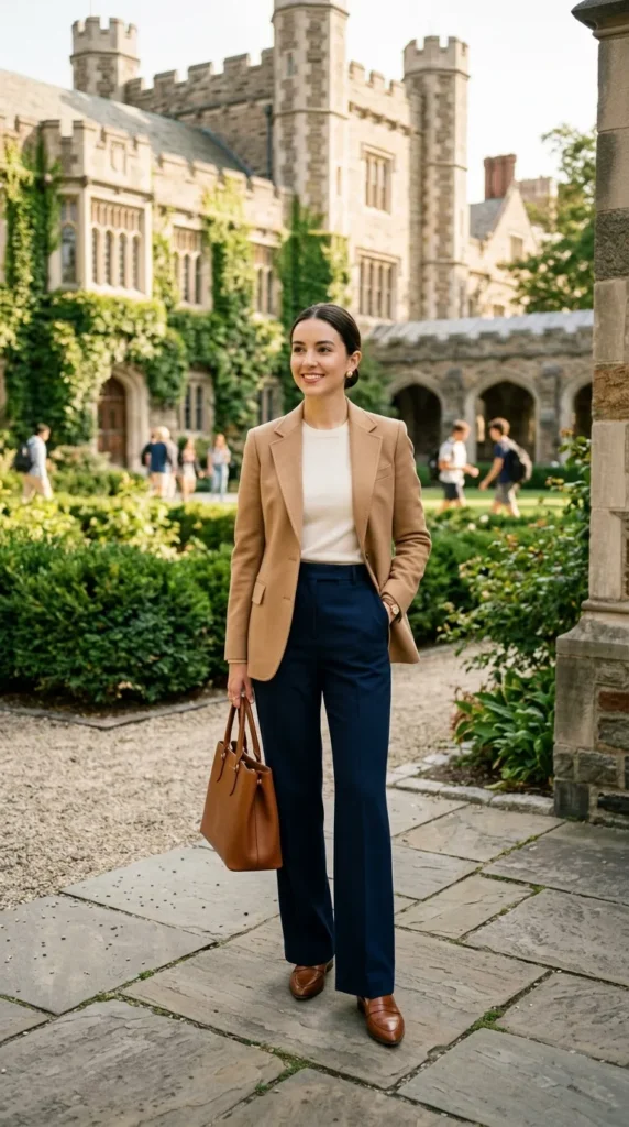 Versatile Camel Blazer with Navy Trousers and Cream Sweater Versatile Camel Blazer with Navy Trousers and Cream Sweater — Old Money Outfits