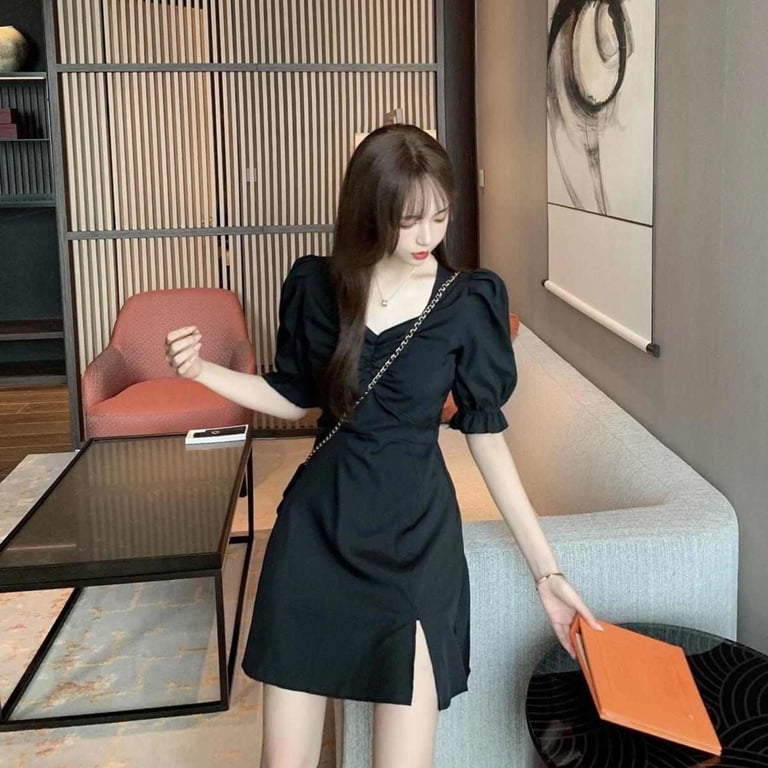 Elegant Black Puff-Sleeve Dress for Evening Elegant Black Puff-Sleeve Dress for Evening — Korean Outfits