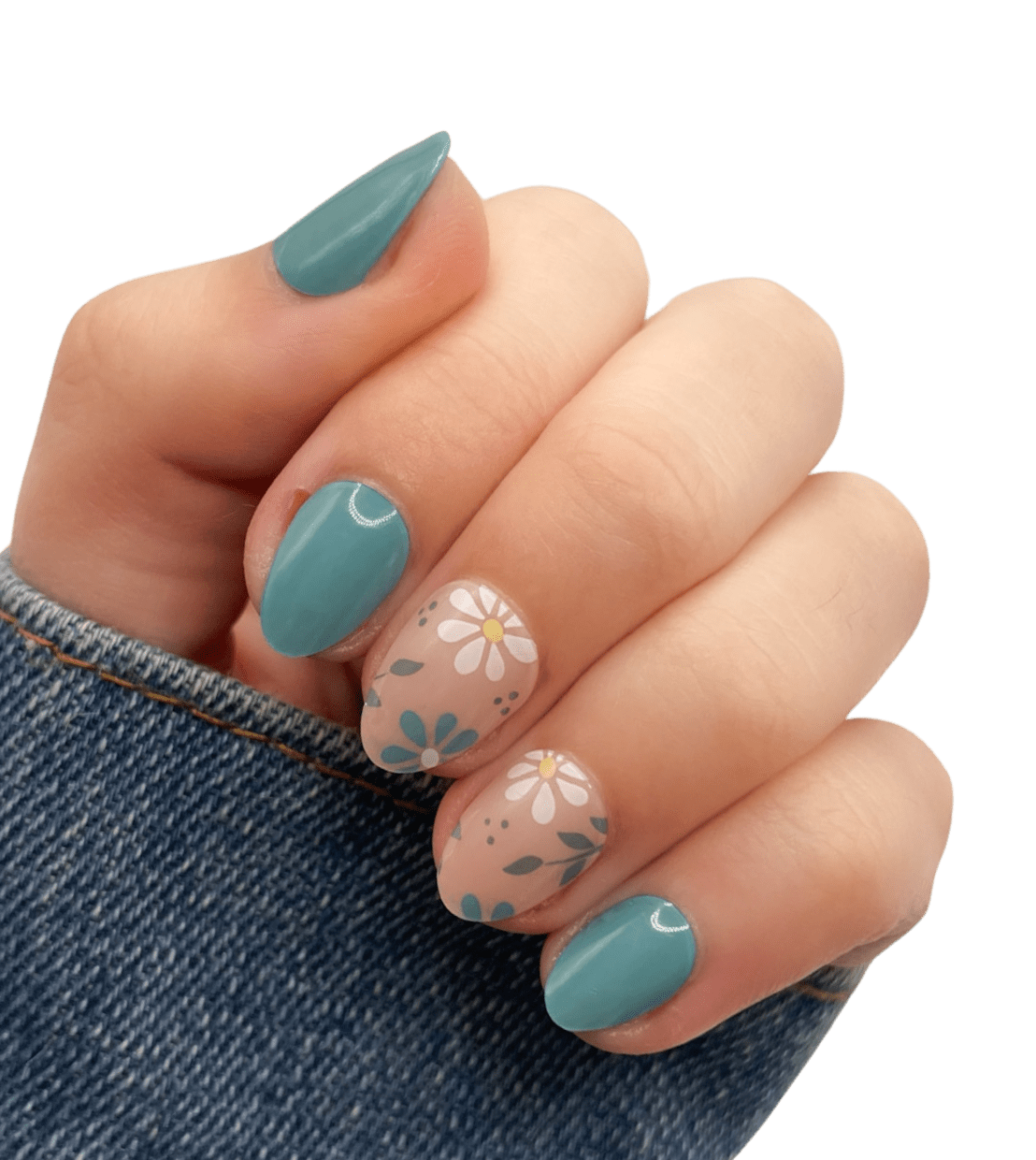 Teal Daisy Decal Mix Short Nails Teal Daisy Decal Mix Short Nails — Short Gel Nails