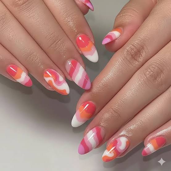 Gradient Swirl Stripe Almond Nails — Long Acrylic Nails