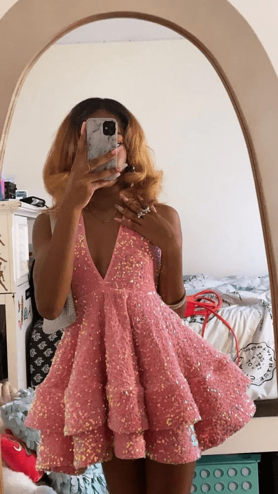 Pink Iridescent Sequin Mini Dress with Tiered Ruffled Skirt for a Birthday Pink Iridescent Sequin Mini Dress with Tiered Ruffled Skirt for a Birthday — Birthday Outfits