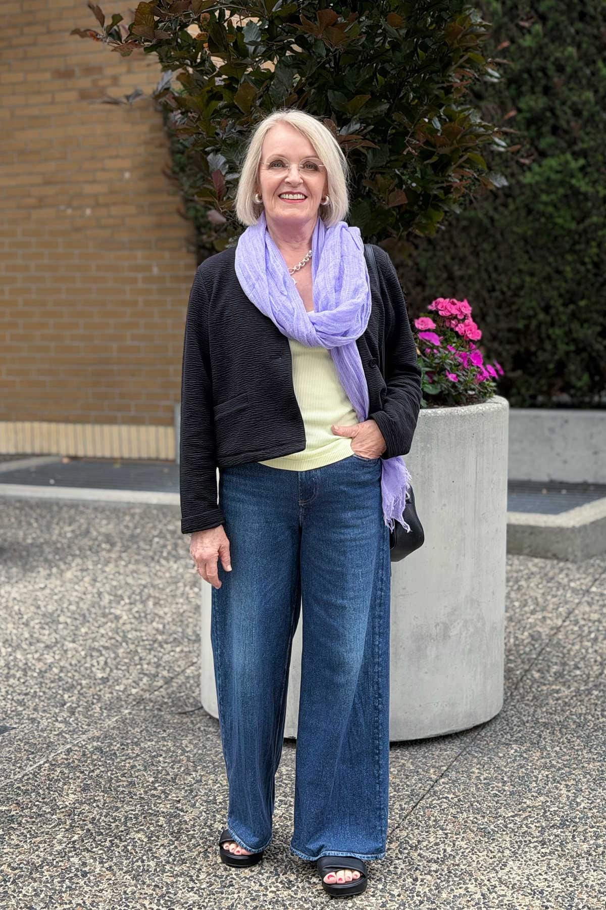 Blue Denim with Black Textured Jacket Blue Denim with Black Textured Jacket — Coastal Grandmother Outfits