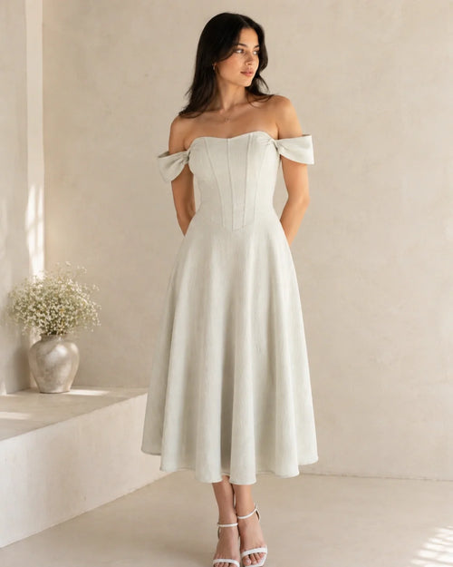 Off-the-Shoulder Linen-Like Dress for a Chic Party — Party Outfits