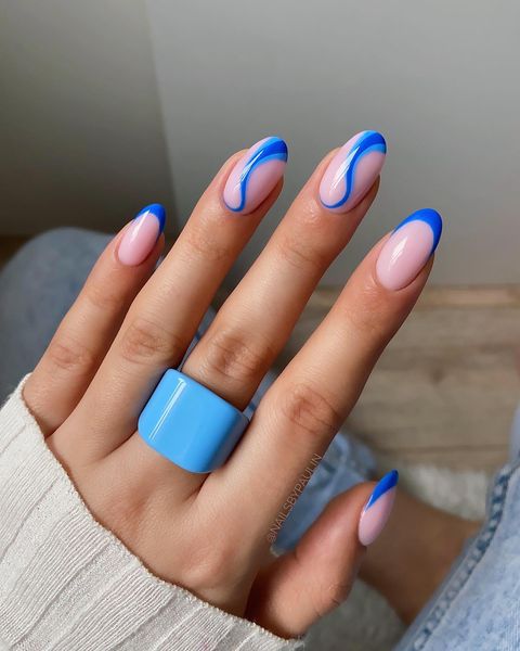 Bright Blue Wavy French Tip Nails — Nails for Teens