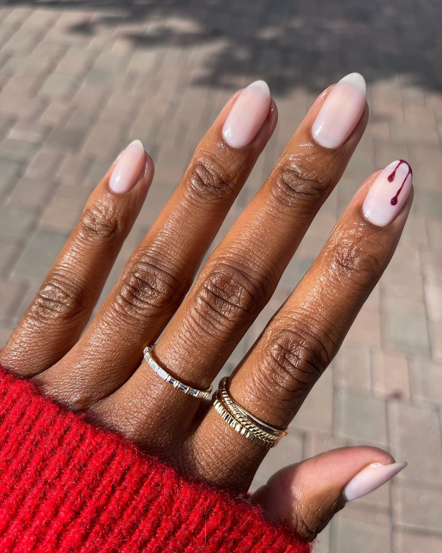 Milky Pink with Red Drip Art Milky Pink with Red Drip Art — Nails for Dark Skin