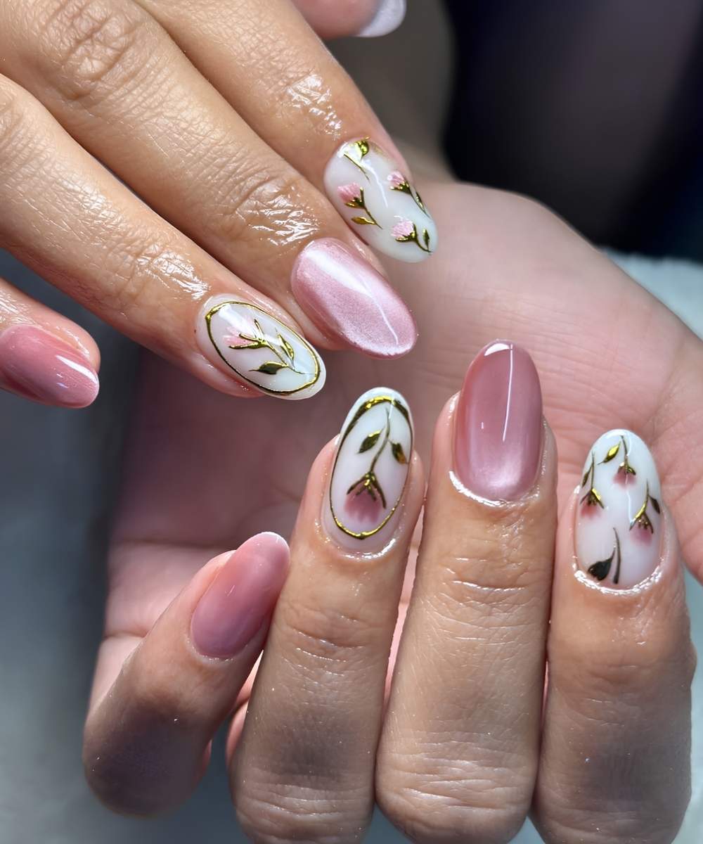 Cat-Eye & Gold Outline Floral Nails — Nail Art