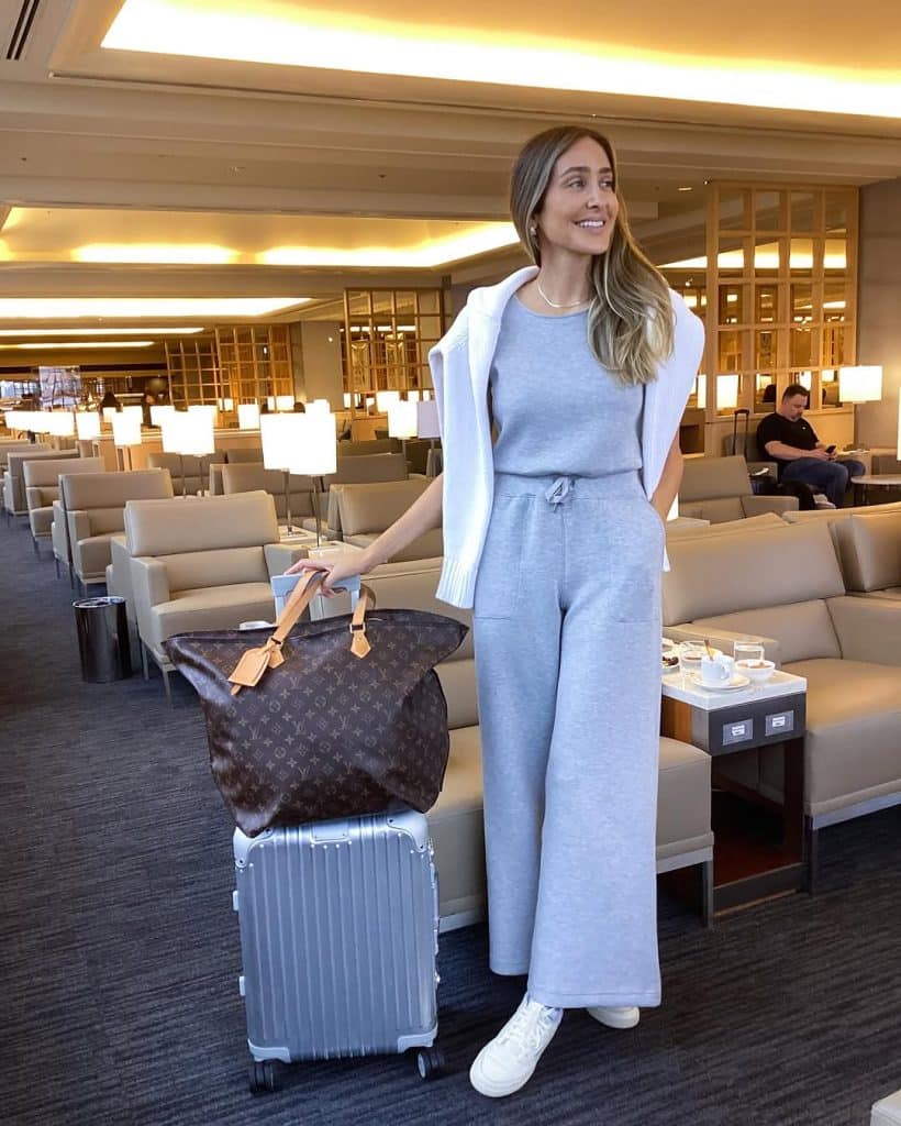 Grey Knit Set with Draped Cardigan for Comfortable Travel — Airport Outfits