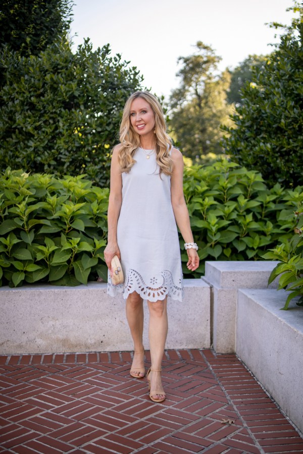 Light Blue Sleeveless Shift Dress with Laser-Cut Hem — Date Night Outfits