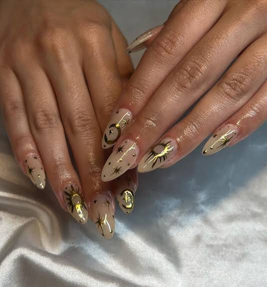 Nude Gold Celestial Motif Almond Nails — Prom Nails