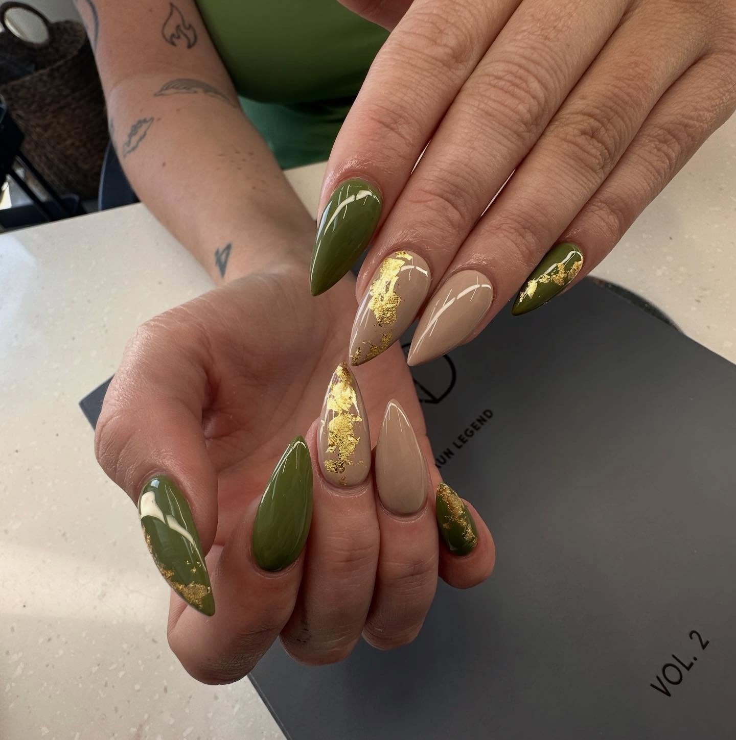 Gold Foil Accents Visual Idea — Olive Green Nails