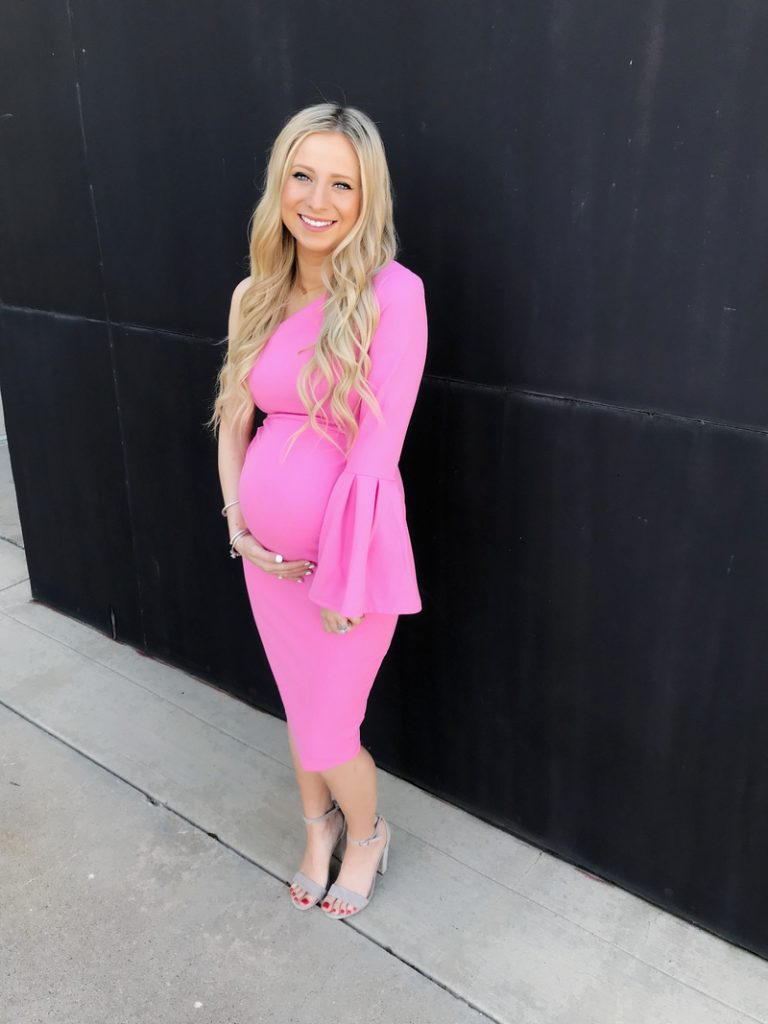 Hot Pink One-Shoulder Midi Dress with Bell Sleeves Hot Pink One-Shoulder Midi Dress with Bell Sleeves — Baby Shower Outfits