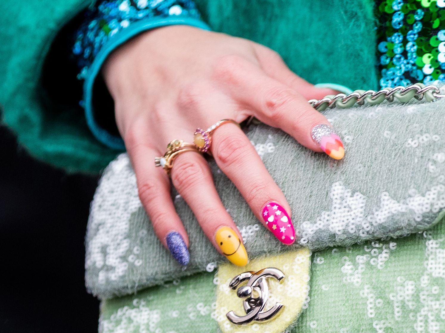 Smiley Faces and Glitter Gradient — Mismatched Nails