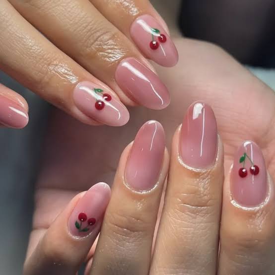 Medium Oval Sheer Pink Gradient With Cherries Medium Oval Sheer Pink Gradient With Cherries — Cherry Nails