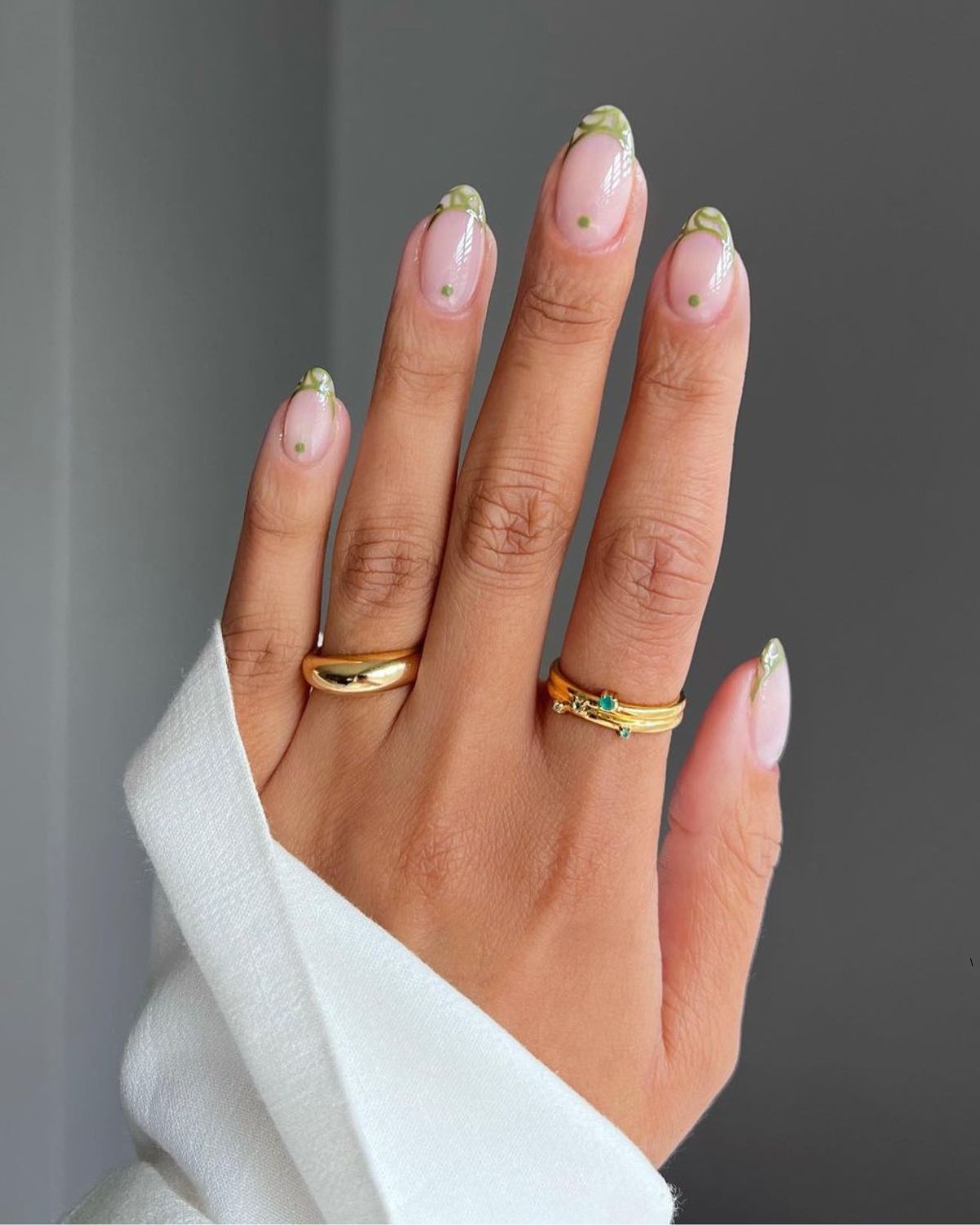 Sheer Pink French Tip Almond Nails with Dots — Nails for Olive Skin