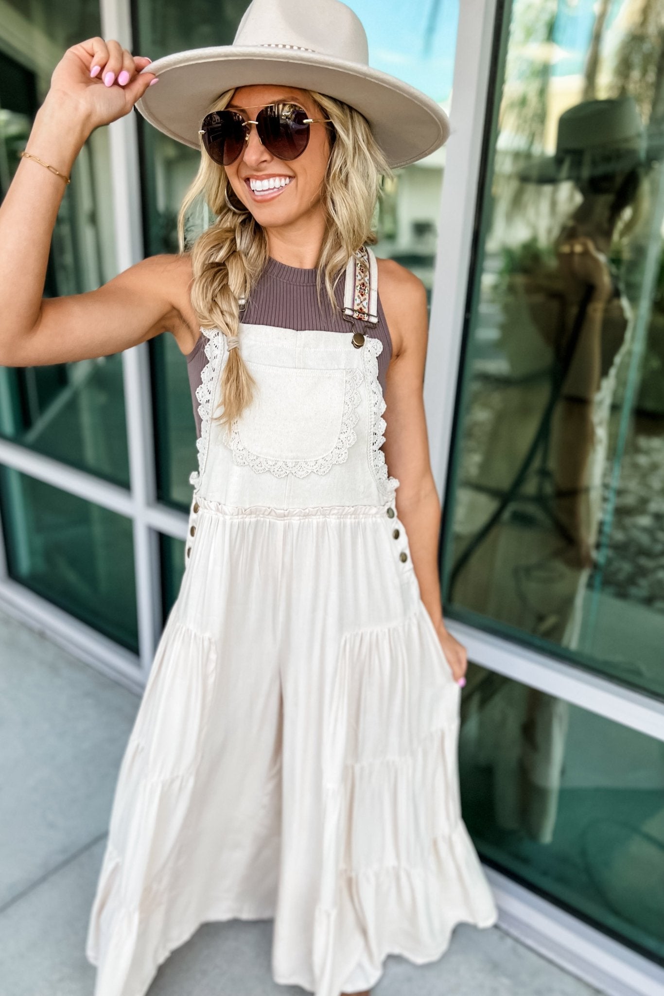 Lace Trim Overalls and Hat: Relaxed Boho Silhouette — Boho Outfits