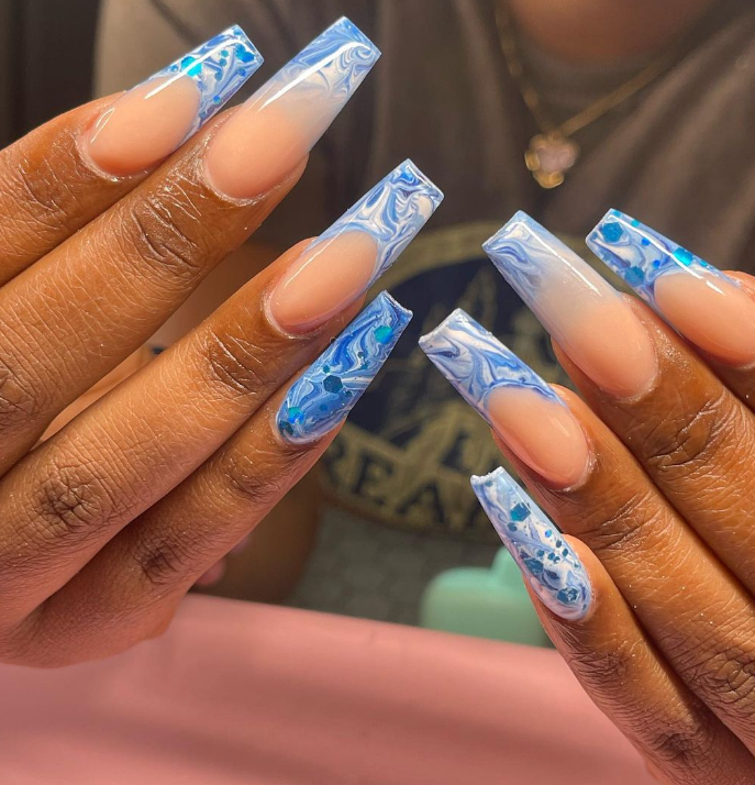 French Tip with Blue Marble Accents French Tip with Blue Marble Accents — Marble Nails