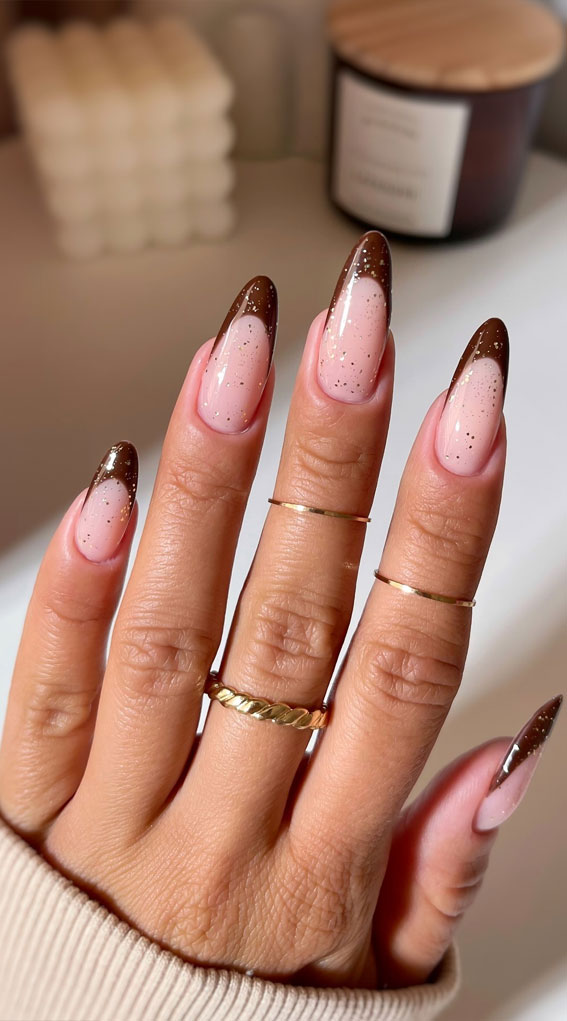 Sparkling Gold Glitter Brown French Tips — Brown French Tip Nails