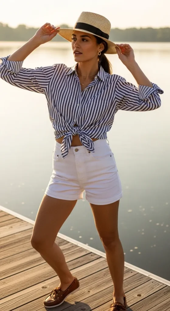Knotted Striped Shirt with White Shorts and Boat Shoes Knotted Striped Shirt with White Shorts and Boat Shoes — Preppy Outfits