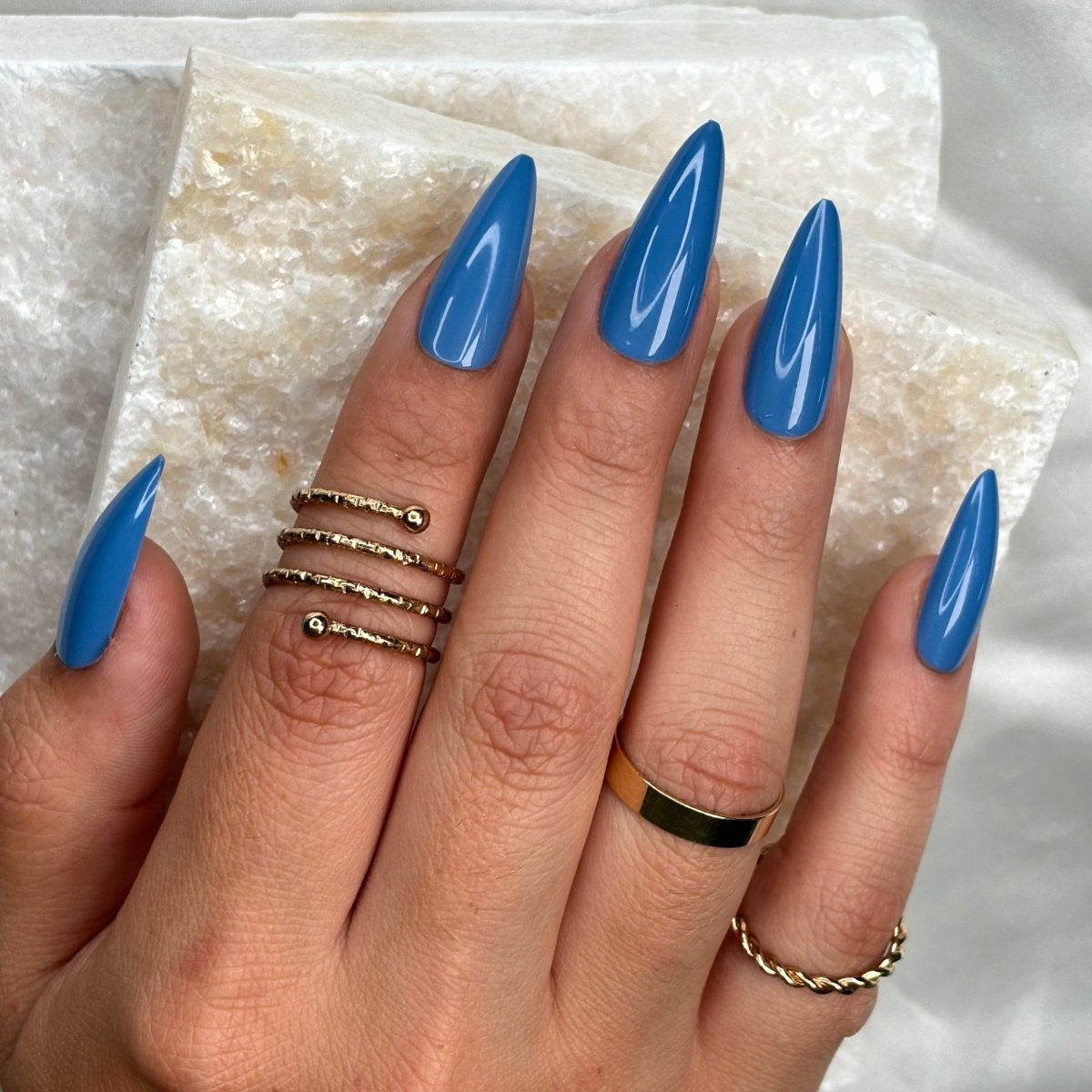 Medium Blue Stiletto with Gold Rings — Blue Nails