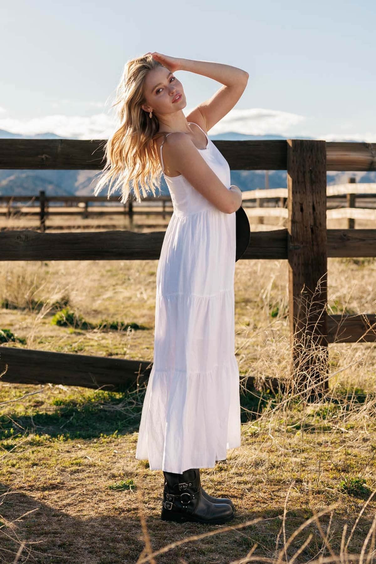 White Tiered Maxi Dress with Black Leather Boots — Coastal Cowgirl Outfits