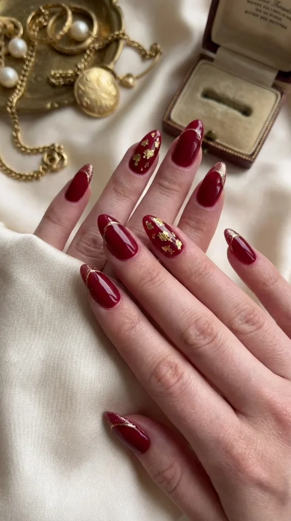 Festive Deep Red with Gold Foil and French Tip — Dark Red Nails