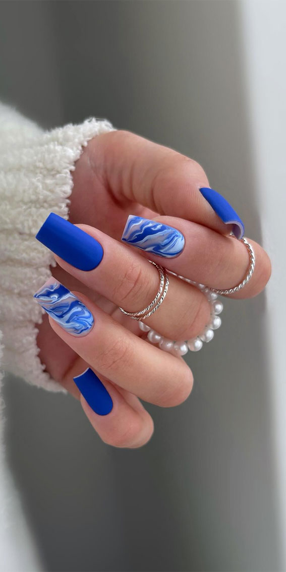 Matte Blue Marble Swirl Medium Square Nails Matte Blue Marble Swirl Medium Square Nails — Royal Blue Nails