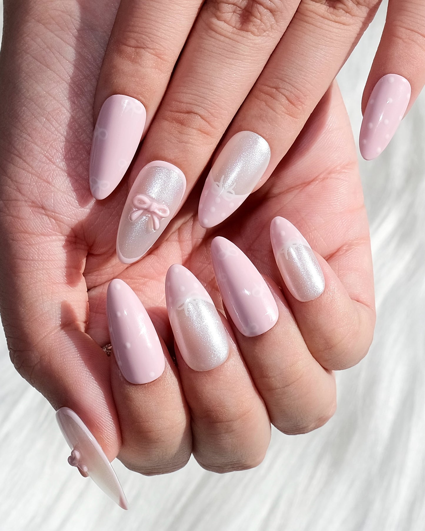 3D Pearlescent Bow Almond Nails 3D Pearlescent Bow Almond Nails — Bow Nails