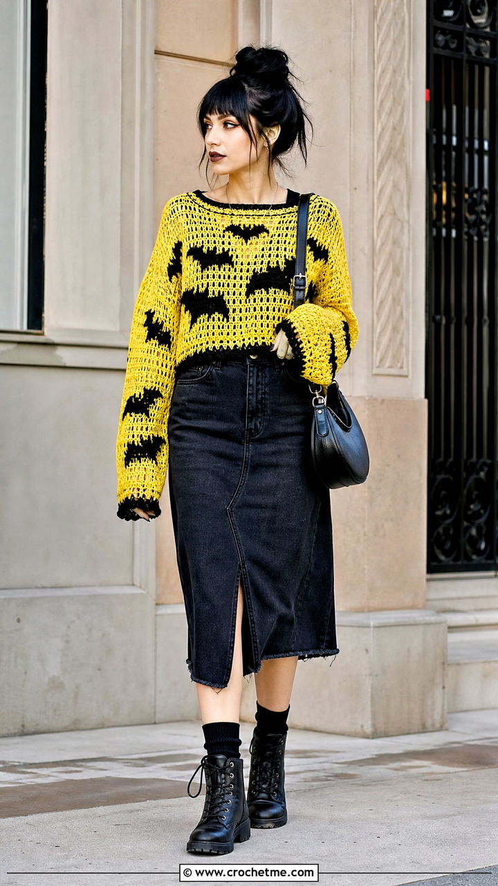 Bat-Patterned Crochet Sweater with Denim Skirt — Goth Outfits