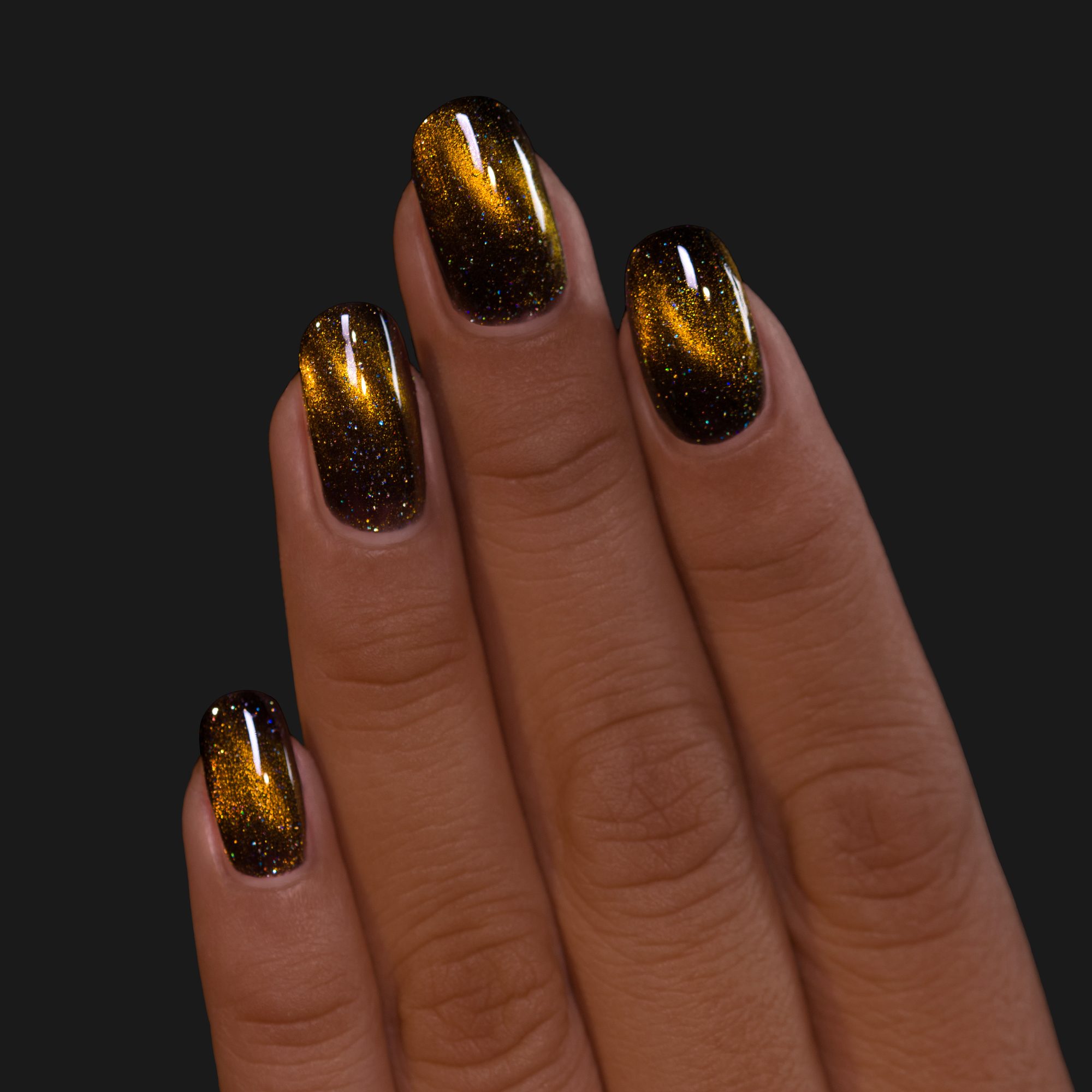Brown-Black Cat-Eye with Gold and Amber Shimmer — Black and Gold Nails